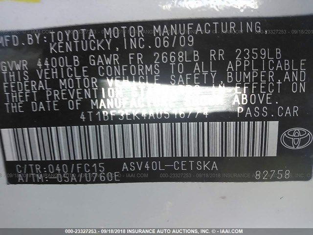 4T1BF3EK4AU516774 - 2010 TOYOTA CAMRY SE/LE/XLE WHITE photo 9