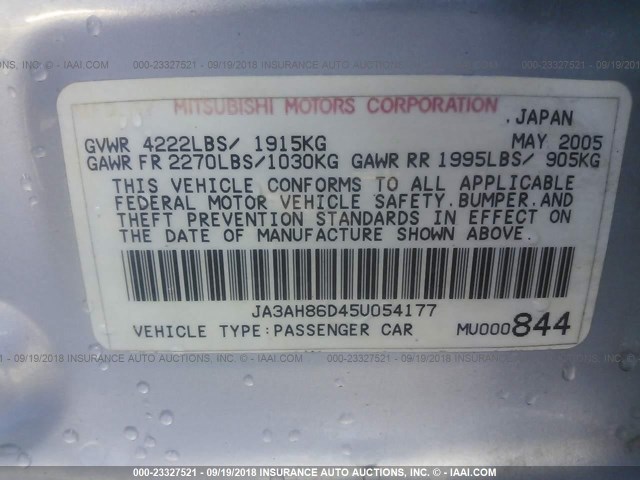 JA3AH86D45U054177 - 2005 MITSUBISHI LANCER EVOLUTION SILVER photo 9