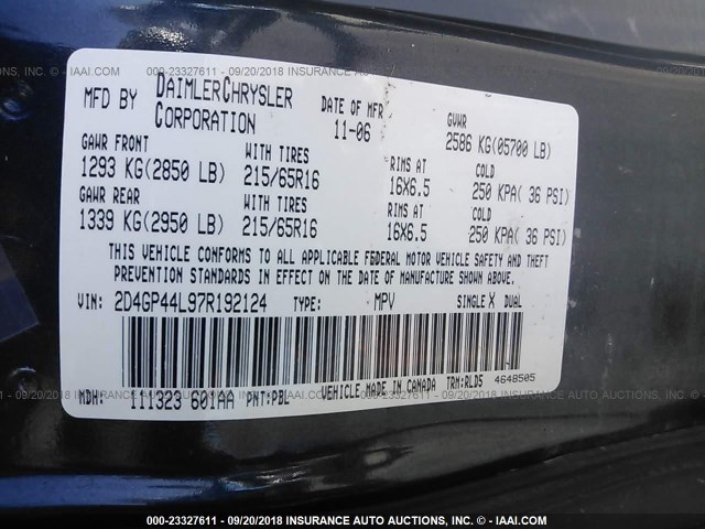 2D4GP44L97R192124 - 2007 DODGE GRAND CARAVAN SXT BLUE photo 9