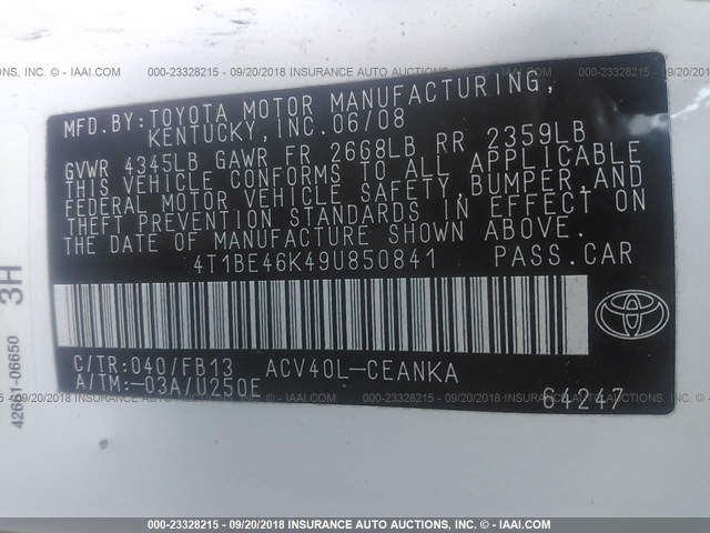 4T1BE46K49U850841 - 2009 TOYOTA CAMRY SE/LE/XLE WHITE photo 9