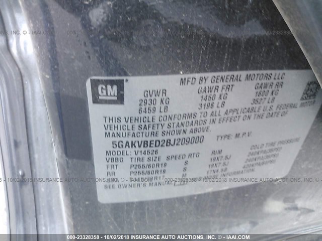 5GAKVBED2BJ209000 - 2011 BUICK ENCLAVE CXL GRAY photo 9