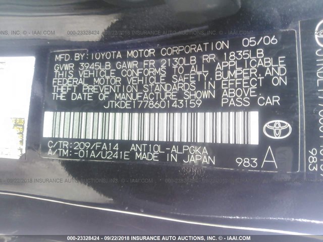 JTKDE177860143159 - 2006 TOYOTA SCION TC BLACK photo 9