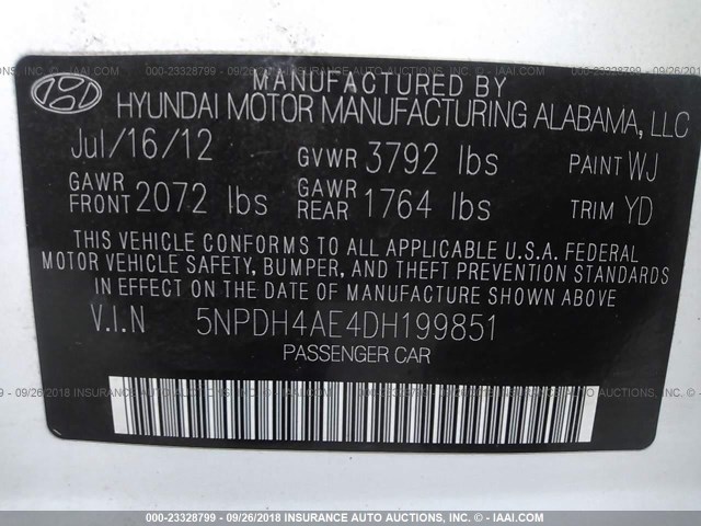 5NPDH4AE4DH199851 - 2013 HYUNDAI ELANTRA GLS/LIMITED WHITE photo 9