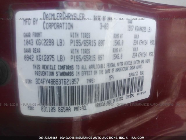 3C4FY48B93T621857 - 2003 CHRYSLER PT CRUISER CLASSIC MAROON photo 9