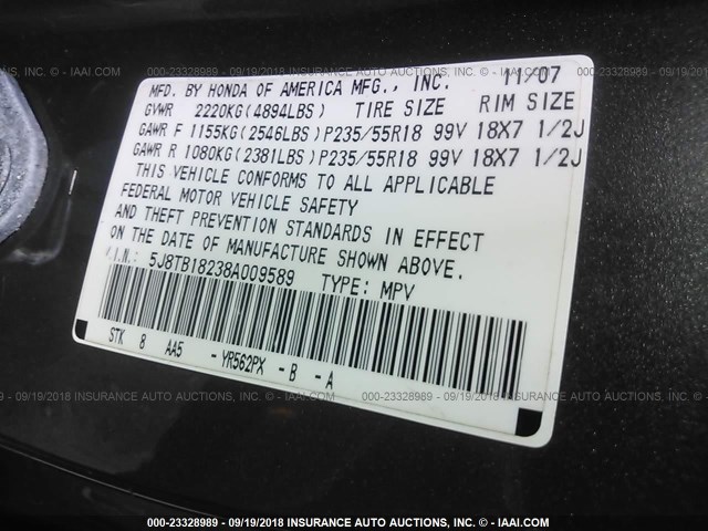 5J8TB18238A009589 - 2008 ACURA RDX GRAY photo 9