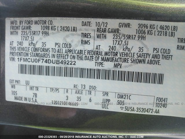 1FMCU0F74DUB49222 - 2013 FORD ESCAPE S GRAY photo 9