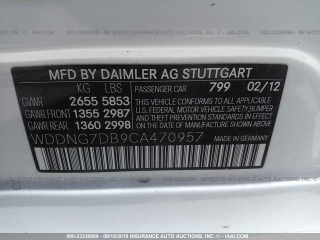 WDDNG7DB9CA470957 - 2012 MERCEDES-BENZ S 550 WHITE photo 9