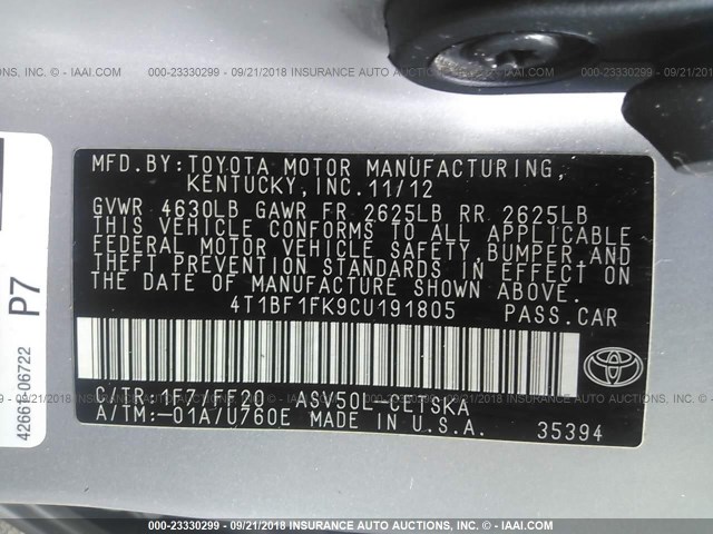 4T1BF1FK9CU191805 - 2012 TOYOTA CAMRY SE/LE/XLE SILVER photo 9