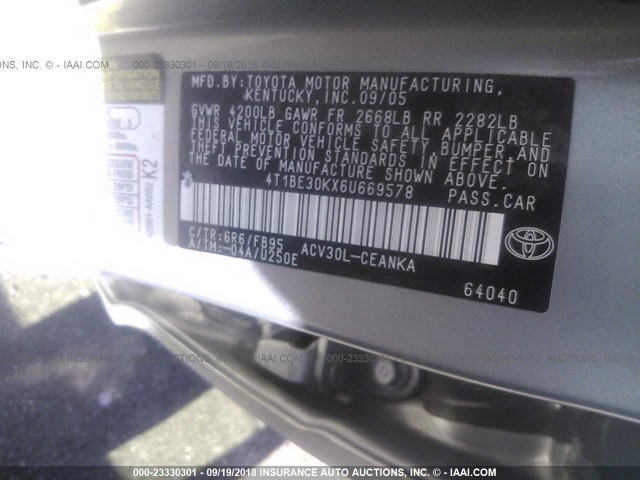 4T1BE30KX6U669578 - 2006 TOYOTA CAMRY LE/XLE/SE SILVER photo 9