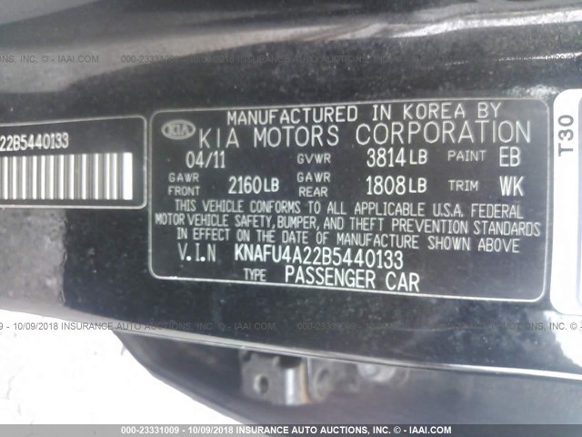 KNAFU4A22B5440133 - 2011 KIA FORTE EX BLACK photo 9