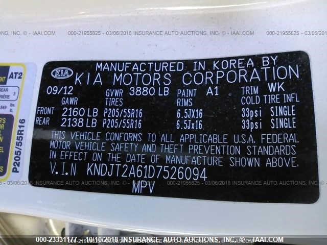 KNDJT2A61D7526094 - 2013 KIA SOUL +/!/SPORT WHITE photo 9