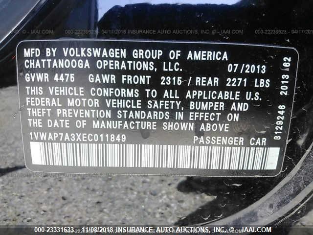 1VWAP7A3XEC011849 - 2014 VOLKSWAGEN PASSAT S BLACK photo 9