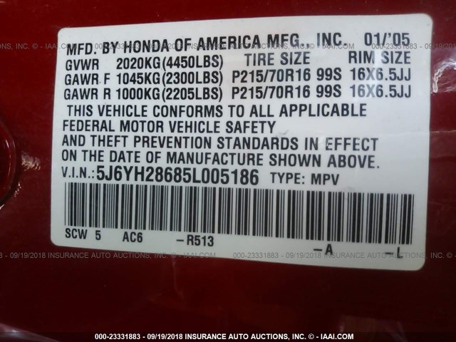 5J6YH28685L005186 - 2005 HONDA ELEMENT EX RED photo 9