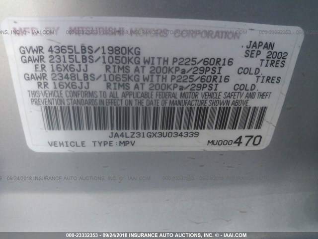 JA4LZ31GX3U034339 - 2003 MITSUBISHI OUTLANDER LS GRAY photo 9