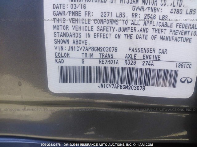 JN1CV7AP8GM203078 - 2016 INFINITI Q50 GRAY photo 9