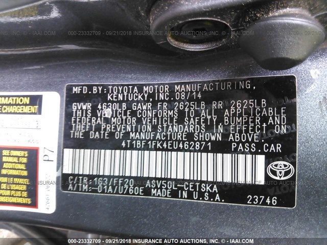 4T1BF1FK4EU462871 - 2014 TOYOTA CAMRY L/SE/LE/XLE Boz foto 9