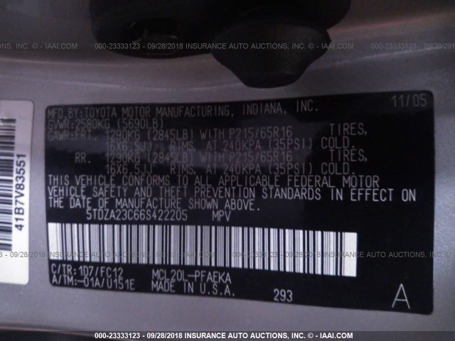 5TDZA23C66S422205 - 2006 TOYOTA SIENNA CE/LE SILVER photo 9