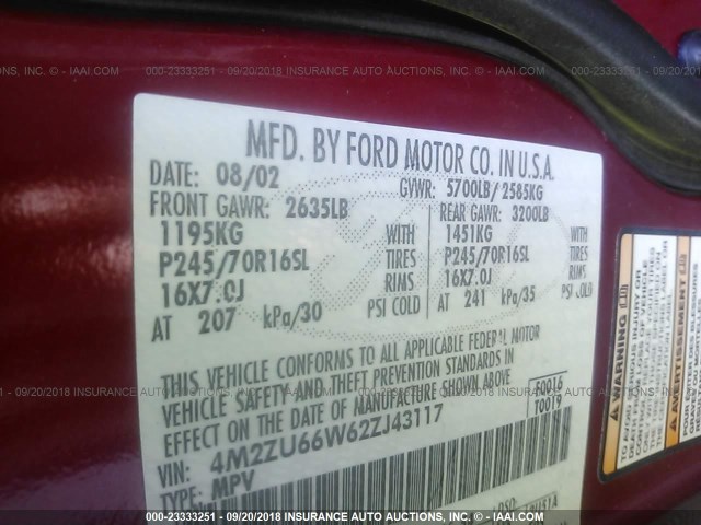 4M2ZU66W62ZJ43117 - 2002 MERCURY MOUNTAINEER  MAROON photo 9