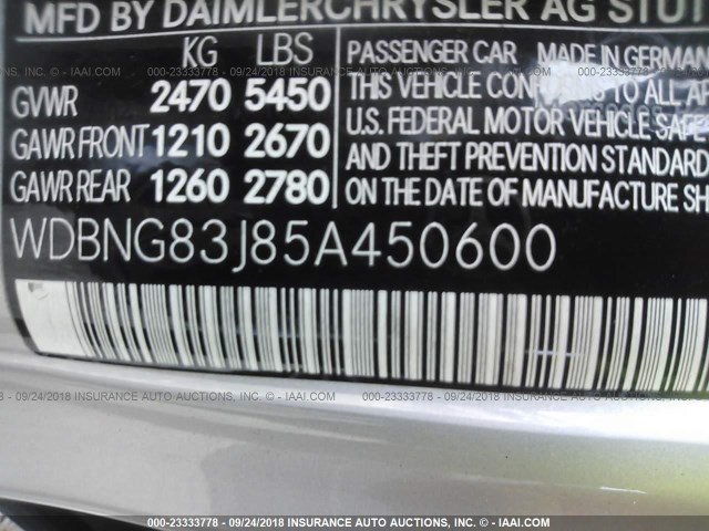 WDBNG83J85A450600 - 2005 MERCEDES-BENZ S 430 4MATIC SILVER photo 9