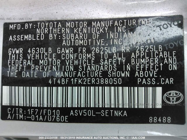 4T4BF1FK2ER388050 - 2014 TOYOTA CAMRY L/SE/LE/XLE SILVER photo 9
