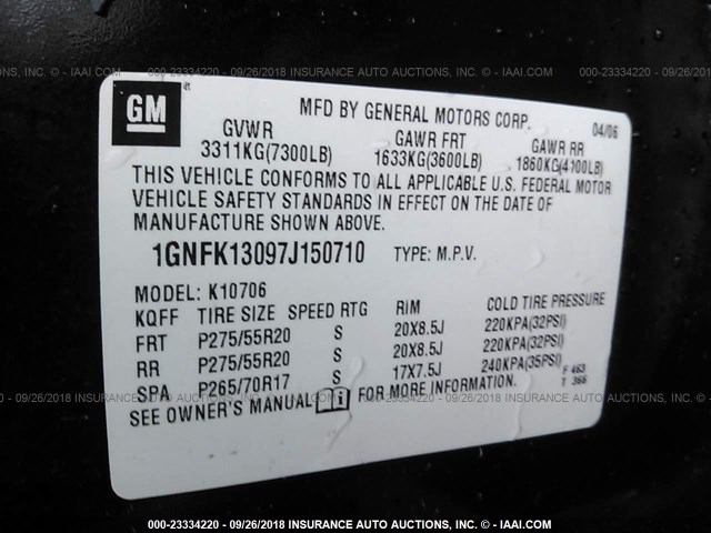 1GNFK13097J150710 - 2007 CHEVROLET TAHOE K1500 BLACK photo 9