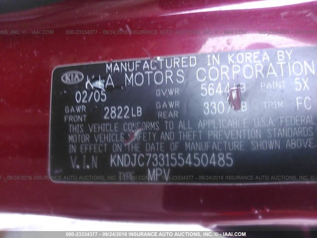 KNDJC733155450485 - 2005 KIA SORENTO EX/LX RED photo 9