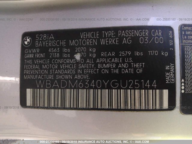 WBADM6340YGU25144 - 2000 BMW 528 I AUTOMATIC SILVER photo 9