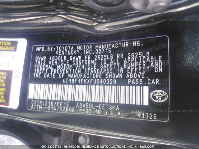 4T1BF1FKXFU040329 - 2015 TOYOTA CAMRY LE/XLE/SE/XSE შავი ფოტო 9
