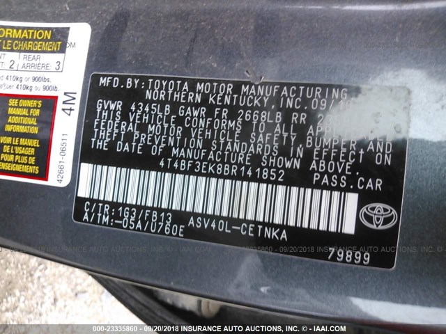 4T4BF3EK8BR141852 - 2011 TOYOTA CAMRY SE/LE/XLE GRAY photo 9