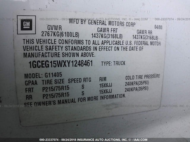 1GCEG15WXY1248461 - 2000 CHEVROLET EXPRESS G1500  WHITE photo 9