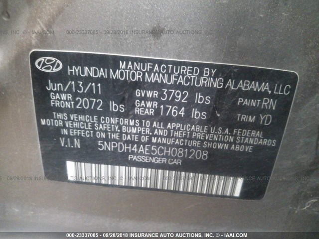 5NPDH4AE5CH081208 - 2012 HYUNDAI ELANTRA GLS/LIMITED GRAY photo 9