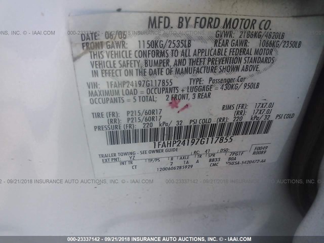 1FAHP24197G117855 - 2007 FORD FIVE HUNDRED SEL WHITE photo 9