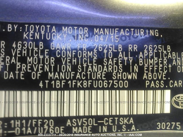4T1BF1FK8FU067500 - 2015 TOYOTA CAMRY ნაცრისფერი ფოტო 9