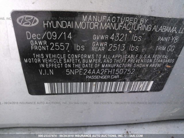 5NPE24AA2FH150752 - 2015 HYUNDAI SONATA ECO SILVER photo 9