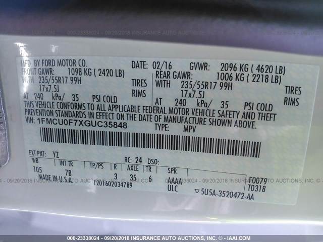 1FMCU0F7XGUC35848 - 2016 FORD ESCAPE S WHITE photo 9