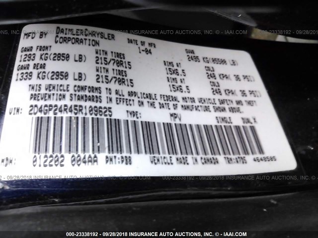 2D4GP24R45R109625 - 2005 DODGE GRAND CARAVAN SE BLUE photo 9