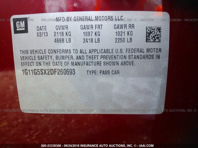 1G11G5SX2DF260693 - 2013 CHEVROLET MALIBU 3LT ბურგუნდია ფოტო 9