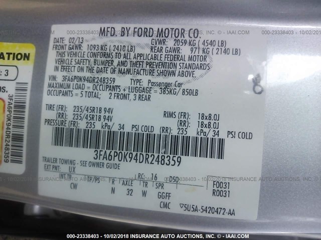 3FA6P0K94DR248359 - 2013 FORD FUSION TITANIUM SILVER photo 9