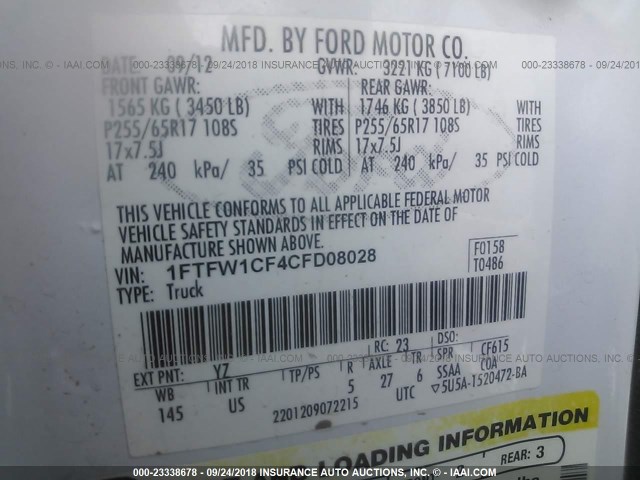 1FTFW1CF4CFD08028 - 2012 FORD F150 SUPERCREW WHITE photo 9