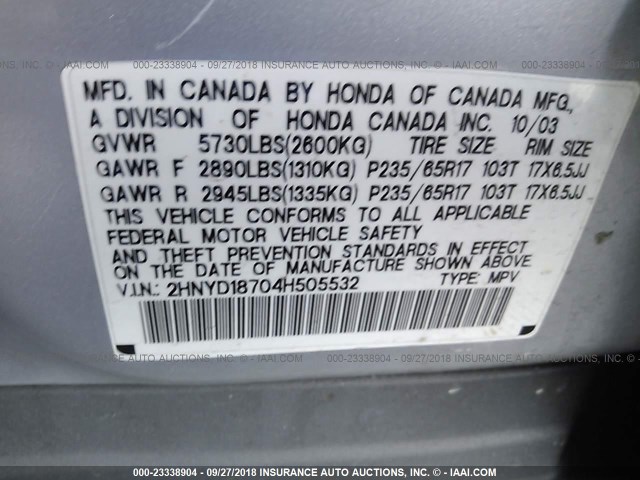 2HNYD18704H505532 - 2004 ACURA MDX TOURING SILVER photo 9