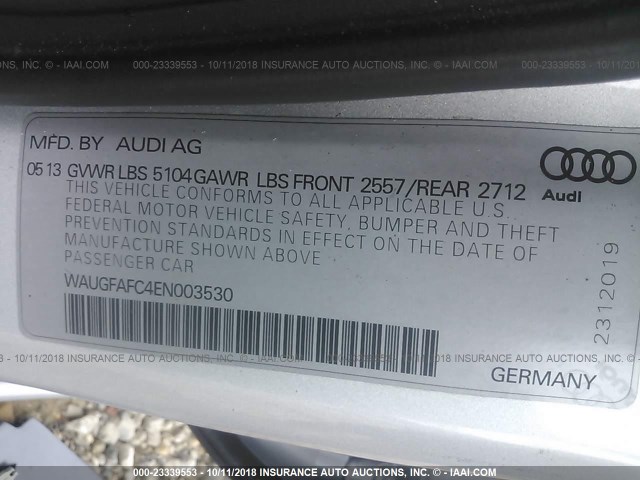 WAUGFAFC4EN003530 - 2014 AUDI A6 PREMIUM PLUS SILVER photo 9