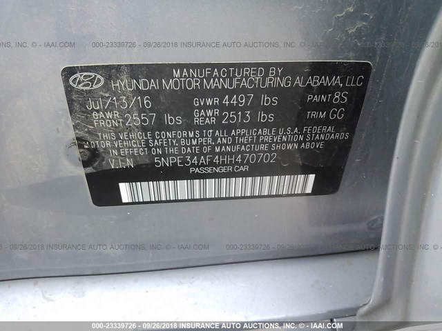 5NPE34AF4HH470702 - 2017 HYUNDAI SONATA SPORT/LIMITED SILVER photo 9