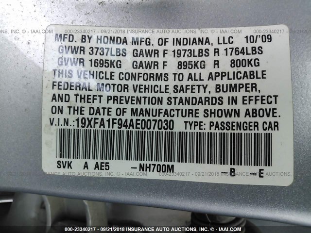 19XFA1F94AE007030 - 2010 HONDA CIVIC EXL SILVER photo 9