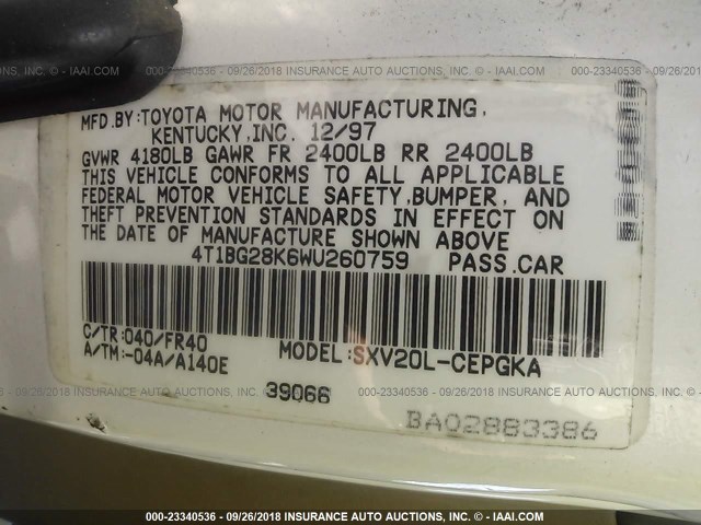 4T1BG28K6WU260759 - 1998 TOYOTA CAMRY CE/LE/XLE WHITE photo 9