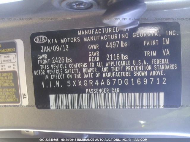 5XXGR4A67DG169712 - 2013 KIA OPTIMA SX GRAY photo 9