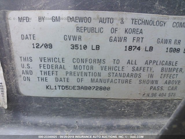 KL1TD5DE3AB072800 - 2010 CHEVROLET AVEO LS/LT GRAY photo 9