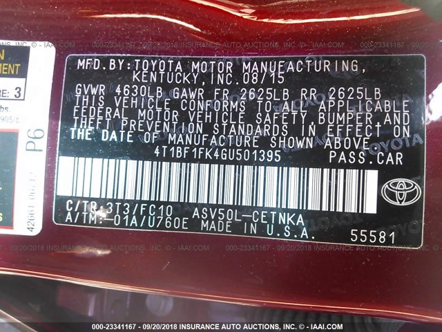 4T1BF1FK4GU501395 - 2016 TOYOTA CAMRY LE/XLE/SE/XSE RED photo 9