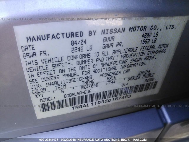 1N4AL11D35C167483 - 2005 NISSAN ALTIMA S/SL GRAY photo 9