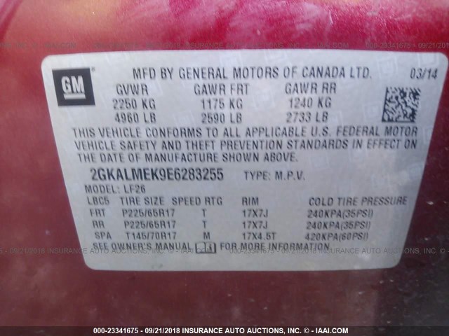 2GKALMEK9E6283255 - 2014 GMC TERRAIN SLE MAROON photo 9