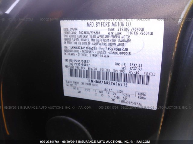 1LNHM87A85Y616215 - 2005 LINCOLN LS GRAY photo 9